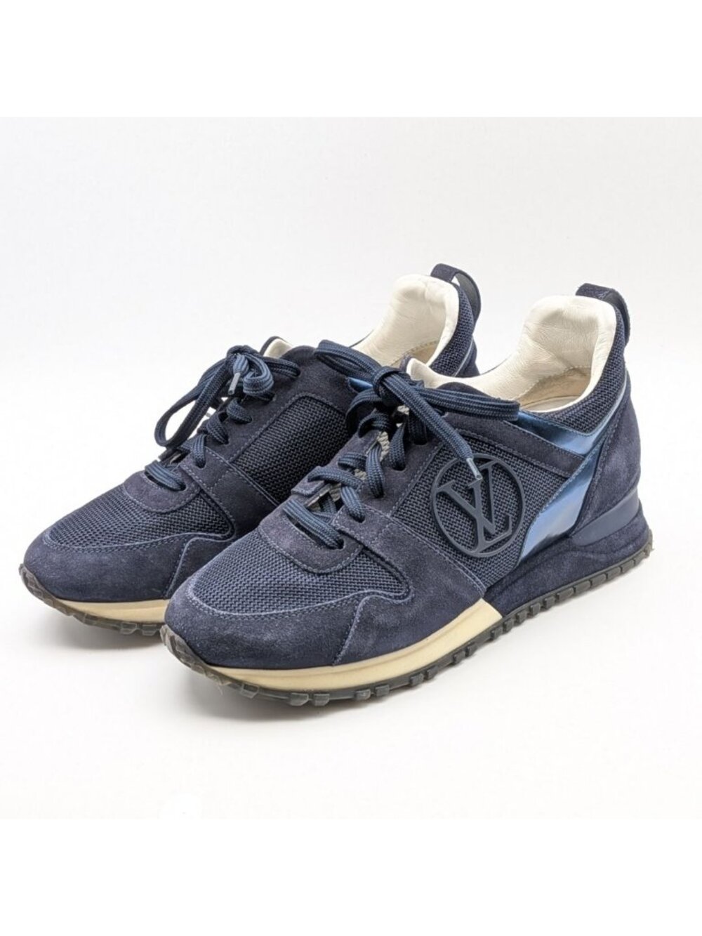 Louis Vuitton Run Away Line Navy Suede Mesh LV Logo Sneakers in Heels